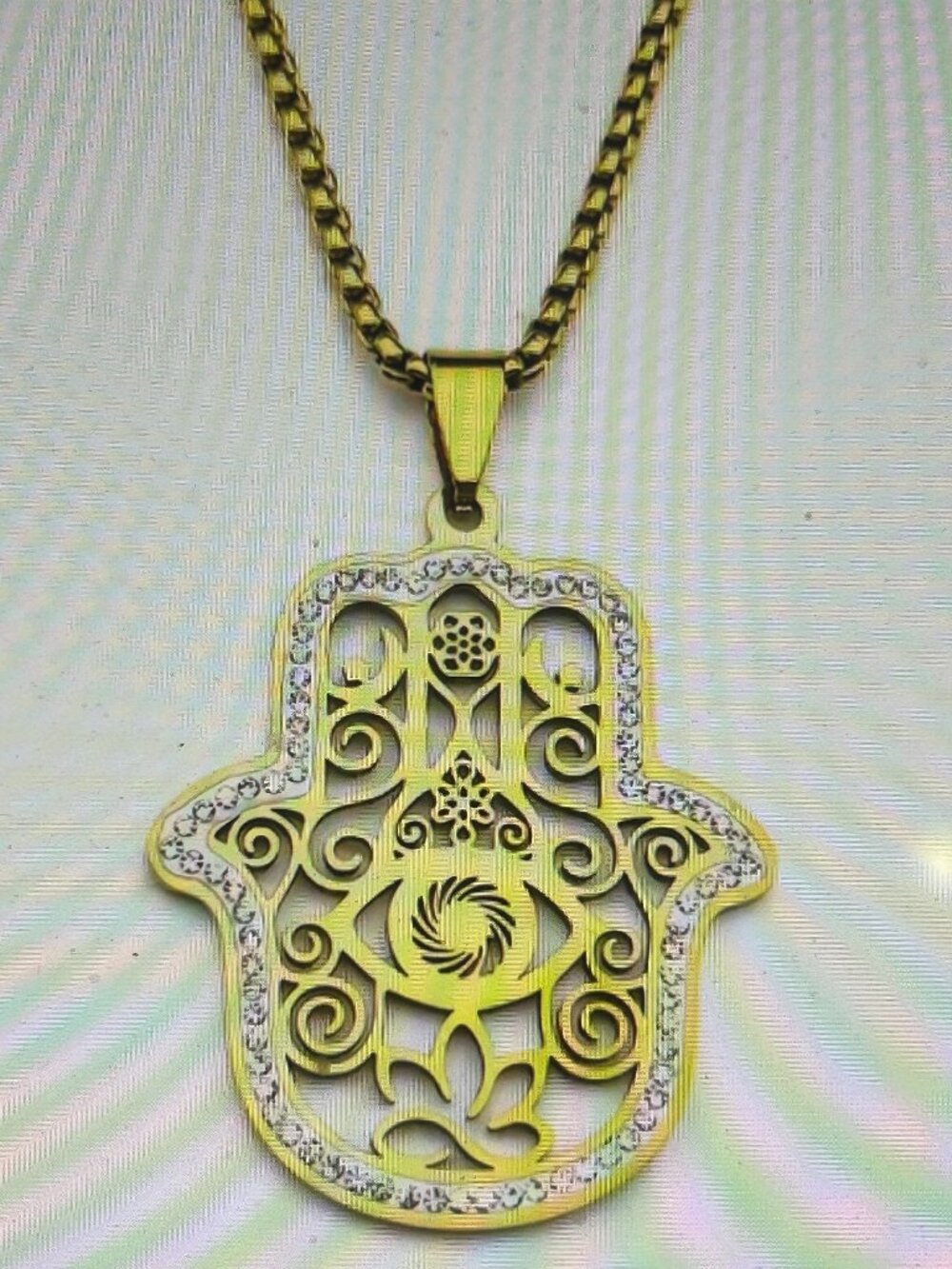 NIB! Stainless Steel Gold Color Rhinestones Hamsa Pendant Chain Necklace ~ 24"